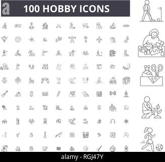 Hobby bearbeitbare Zeile Icons, 100 Vector eingestellt, Sammlung. Hobby schwarzer Umriss Abbildungen, Zeichen, Symbole Stock Vektor