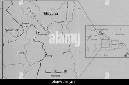 . Bulletin der British Ornithologists' Club. B.j. O'Shea et al. 119 Bull. B.O.C. 2007 127 (2). Abbildung. 1. Karte des Sammelns von Gemeinden in Guyana. Skins, Skelette oder flüssigen Proben in 10 % Formaldehyd. Gewebeproben wurden alle Proben entnommen und in flüssigem Stickstoff aufbewahrt. Qualitative Beobachtungen der Vogelwelt wurden von den meisten Beobachtern, die bei der morgendlichen Spaziergänge. Wir verwendeten Tape-Recorder weitere Dokumentation der Vogelwelt in jeder Ortschaft. Die Proben bei dem National Museum of Natural History, Smithsonian Institution, Washington DC (USNM) hinterlegt; Louisiana State University Museum Stockfoto