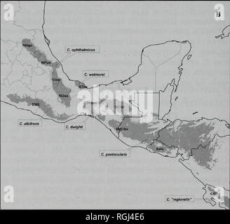 . Bulletin der British Ornithologists' Club. . Abbildung la. Verteilung der Chlorospingus ophthalmicus Komplex, in dem die wichtigsten Gruppen von Isler & Amp; Isler (1987); b: OGUs und vorgeschlagenen Arten Taxa der Chlorospingus ophthalmicus in Mesoamerika. Acromyns für OGUs sind wie folgt: NHgo (süd-östlichen San Luis Potosi im nördlichen Hidalgo), NPue (nord-östlichsten Hidalgo zum nördlichen Puebla), CVer (central Veracruz zu extremen Nördlichen Oaxaca) Oaxaca, NOax (Norden), SMS (Sierra Madre del Sur, Guerrero und Oaxaca), STux (Sierra de los Tuxtlas, südlichen Veracruz), Chimas (chimalapas Region, Stockfoto