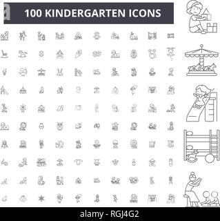 Kindergarten bearbeitbare Zeile Icons, 100 Vector eingestellt, Sammlung. Kindergarten schwarzer Umriss Abbildungen, Zeichen, Symbole Stock Vektor