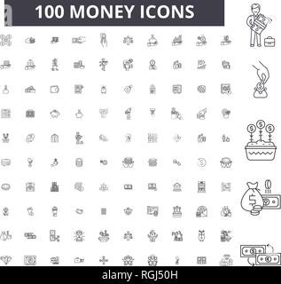 Geld bearbeitbare Zeile Icons, 100 Vector eingestellt, Sammlung. Geld schwarzer Umriss Abbildungen, Zeichen, Symbole Stock Vektor