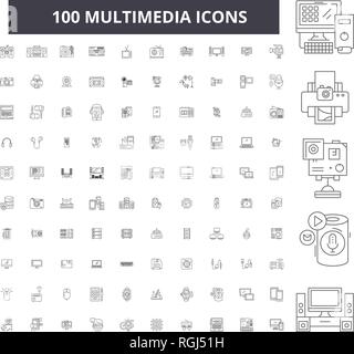 Multimedia bearbeitbare Zeile Icons, 100 Vector eingestellt, Sammlung. Multimedia schwarzer Umriss Abbildungen, Zeichen, Symbole Stock Vektor