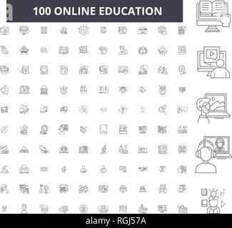 Online Bildung bearbeitbare Zeile Icons, 100 Vector eingestellt, Sammlung. Online Bildung schwarzer Umriss Abbildungen, Zeichen, Symbole Stock Vektor