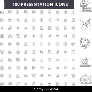 Präsentation bearbeitbare Zeile Icons, 100 Vector eingestellt, Sammlung. Präsentation schwarzer Umriss Abbildungen, Zeichen, Symbole Stock Vektor