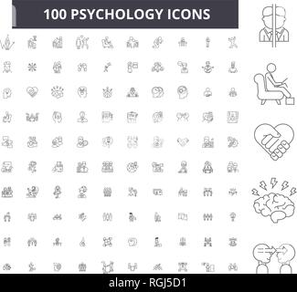 Psychologie bearbeitbare Zeile Icons, 100 Vector eingestellt, Sammlung. Psychologie, schwarzer Outline Abbildungen, Zeichen, Symbole Stock Vektor