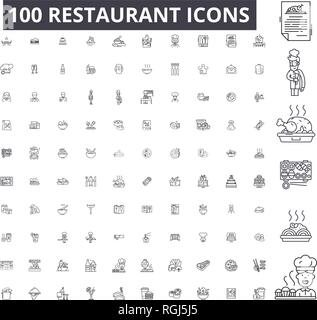 Restaurant bearbeitbare Zeile Icons, 100 Vector eingestellt, Sammlung. Restaurant schwarzer Umriss Abbildungen, Zeichen, Symbole Stock Vektor