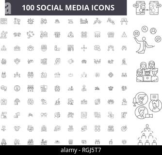 Social Media bearbeitbare Zeile Icons, 100 Vector eingestellt, Sammlung. Social Media schwarzer Umriss Abbildungen, Zeichen, Symbole Stock Vektor