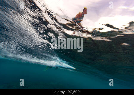 Malediven, unter Wasser Blick auf Wave, Surfer auf Surfbrett, Unterwasser Schuß Stockfoto