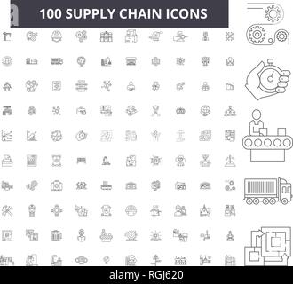 Supply Chain bearbeitbare Zeile Icons, 100 Vector eingestellt, Sammlung. Supply Chain schwarzer Umriss Abbildungen, Zeichen, Symbole Stock Vektor