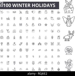 Winterurlaub bearbeitbare Zeile Icons, 100 Vector eingestellt, Sammlung. Winterurlaub schwarzer Umriss Abbildungen, Zeichen, Symbole Stock Vektor