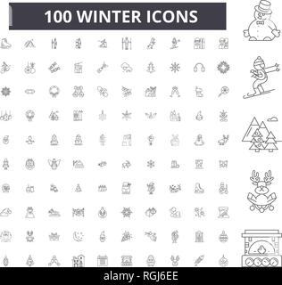 Winter bearbeitbare Zeile Icons, 100 Vector eingestellt, Sammlung. Winter, schwarzer Outline Abbildungen, Zeichen, Symbole Stock Vektor
