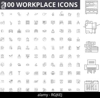 Arbeitsplatz bearbeitbare Zeile Icons, 100 Vector eingestellt, Sammlung. Arbeitsplatz, schwarzer Outline Abbildungen, Zeichen, Symbole Stock Vektor