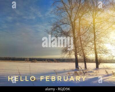 Hallo Februar Foto. Mit Beginn des neuen Jahres. Grußkarte. Stockfoto