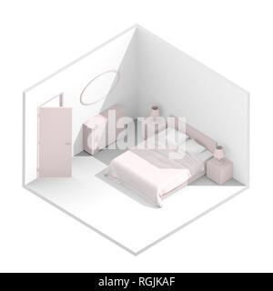 Isometrische 3D Rendering Illustration von Rosa eingerichtete Schlafzimmer Stockfoto