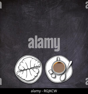 Abbildung: Skizze Zeichnung von Croissants und italienischem Cappuccino auf blackboard Hintergrund Stockfoto