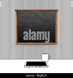 3D-Illustration Rendering der Zeichnung von leeren Tafel und Tablet mit Becher Stockfoto