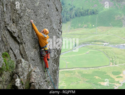 Vereinigtes Königreich, Lake District, Langdale Valley, Gimmer Crag, Kletterer am Fels. Stockfoto