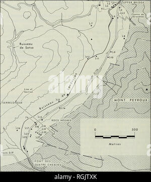 . Bulletin des British Museum (Natural History), Geologie. 256 unteren Ordovizium Trilobiten vorhanden, eine frühe Arenig Alter ist offensichtlich. Meine eigene Sammlung aus dem Schistes de Setso enthält zahlreiche didymograptids identifiziert als Didymograptus vgl. deflexus Elles von Dr. Strachan, betrachtet sie als Indikator für die Extensus Zone.. Abb. 3. Gliederung Karte der wichtigsten fossilen Landeyran Gemeinden im Tal. Höhe der Konturen in Metern. Die l'Escougoussou Bezirk (siehe Text-Abb. 5) Liegt neben Route D. 19 unmittelbar südlich-westlich von dieser Karte. Ordovizium Bergspitze Unverschatteten; Ziegelstein-patter Stockfoto