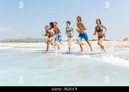 Gruppe von Freunden Spaß am Strand, die in das Wasser Stockfoto