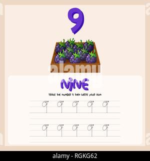 Nummer neun tracing Arbeitsblätter Abbildung Stock Vektor