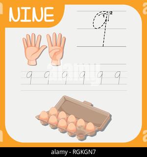 Nummer neun tracing Arbeitsblätter Abbildung Stock Vektor