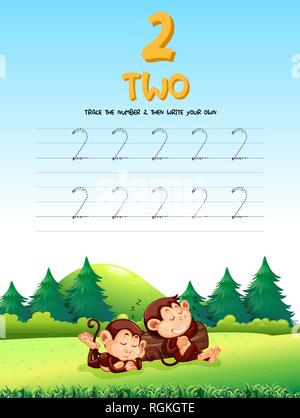 Nummer zwei tracing Arbeitsblätter Abbildung Stock Vektor