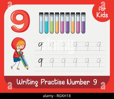 Nummer neun tracing Arbeitsblätter Abbildung Stock Vektor