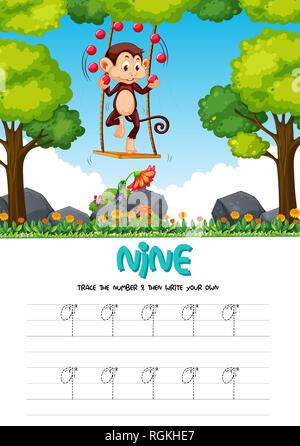 Nummer neun tracing Arbeitsblätter Abbildung Stock Vektor