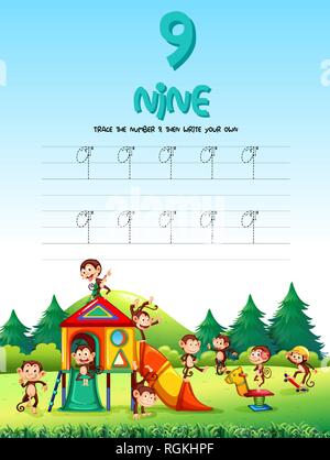 Nummer neun tracing Arbeitsblätter Abbildung Stock Vektor