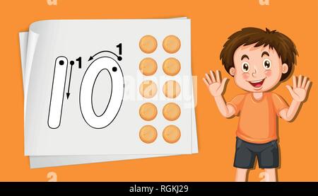 Junge mit Nummer zehn tracing Arbeitsblätter Abbildung Stock Vektor