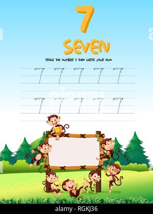 Nummer sieben tracing Arbeitsblätter Abbildung Stock Vektor