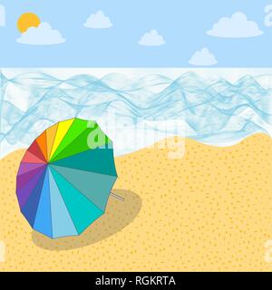 Bunte Sonnenschirme am Strand, regenbogen farbe der Regenschirm auf Sand Strand, Sommer. Vector Illustration, EPS 10. Stock Vektor