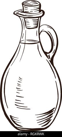 Flasche und Krug Glas Flüssigkeit mit Kork und Stopper. Olivenöl. Hand gezeichnet Design Element. Vintage Gravur Illustration für Logo, Plakat, Internet. Stock Vektor
