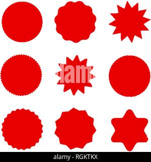 Rot Verkauf tags und runde Preis Rabatt Etiketten. Werbeaufkleber und kreisförmige Haftnotizen Stock Vektor