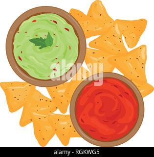 Schalen mit Avocado guacamole Dip, Tomaten Salsa Sauce und nachos Chips. Ansicht von oben. Stock Vektor