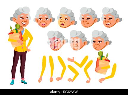 Asiatische alte Frau Vektor. Ältere Person. Alter, ältere Menschen. Aktivität, schön. Gesicht Emotionen, verschiedenen Gesten. Animation erstellen. Isoliert Stock Vektor