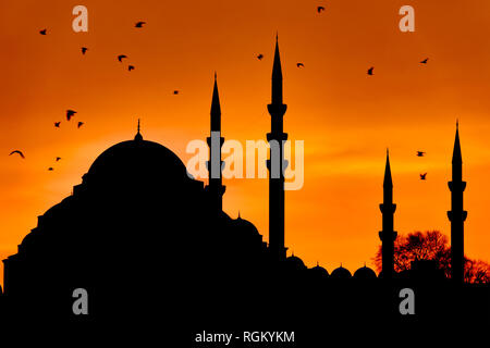 Silhouette der Süleymaniye-moschee bei Sonnenuntergang in Fatih, Istanbul, Türkei Stockfoto