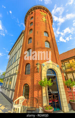 Solvang, Kalifornien, Vereinigte Staaten - 10 August 2018: Turm Pizza des malerischen dänischen Stadt Solvang in Santa Ynez Valley, Santa Barbara County Stockfoto