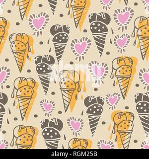 Eis Cream-Sweet Träume nahtlose Muster Abbildung wiederholen. Muster Hintergrund in Gelb Rosa Creme und Braun. Spaß Muster Hintergrund. Oberfläche pattern Design, perfekt für Gewebe, Scrapbook, Tapeten. Stock Vektor