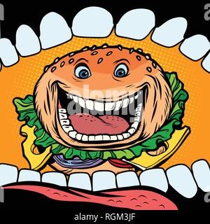 Burger geht in Mund. Fast Food. Comic cartoon Pop Art retro Vektor Grafik Handzeichnung Stock Vektor