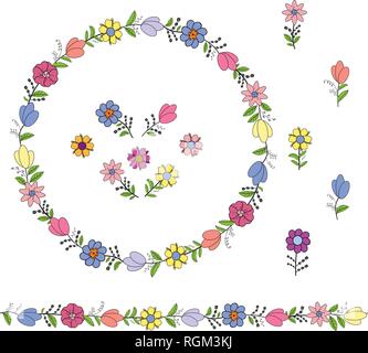 Bunte Kranz aus verschiedenen Frühlingsblumen. Endlose horizontale Bürste. Nahtlose horizontale Grenze. Vektor hand Zeichnung Abbildung. Stock Vektor