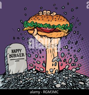 Happy Burger. Fast food Zombie im Grab. Comic cartoon Pop Art retro Vektor Grafik Handzeichnung Stock Vektor