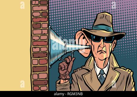 Spy oder Secret Agent des Staates, Abhören und Überwachung. Comic cartoon Pop Art retro Vektor Grafik Handzeichnung Stock Vektor