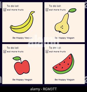 Doodle Abbildung von Früchten. Eingestellt von vegan Karten. Mehr Obst essen. Hand gezeichnet Vector Illustration im Cartoon Stil. Stock Vektor