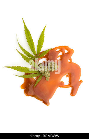 Cannabis bud, Blätter und Zerbrechen konzentrieren sich auf weißen Hintergrund. Marihuana konzentrieren. Stockfoto