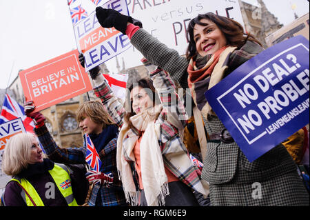 Frauen, die pro-Brexit Plakate außerhalb der Häuser des Parlaments in London demonstrieren. In der Commons, an einem Tag, der wichtige parlamentarische Aktivität über Brexit, MPs gestimmt, eine interfraktionelle Änderungsantrag von Labour Party MP Yvette Cooper und Konservative Partei MP Nick Baumstämme entwickelt, um das Risiko der gefürchteten 'no-deal Ausgang aus der EU erheblich reduzieren. Einen Antrag auf Ablehnung des Prinzips einer Nicht-deal Ausfahrt wurde in der Zwischenzeit genehmigt, so war ein von der Regierung unterstützte Änderungsantrag von Konservativen Partei MP Graham Brady verfochten, die 'alternative' an den Ort o Stockfoto