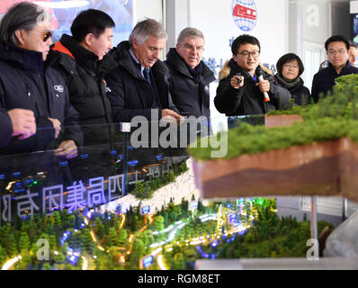 Peking, China. 29 Jan, 2019. Thomas Bach (4 l), Präsident des Internationalen Olympischen Komitees (IOC), besucht ein Schauplatz für die Beijing 2022 Olympischen Winterspiele im Landkreis Yanqing von Peking, der Hauptstadt von China, Jan. 29, 2019. Credit: Zhang Chenlin/Xinhua/Alamy leben Nachrichten Stockfoto