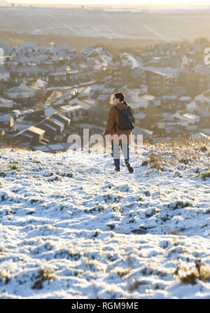 Brighton UK 30. Januar 2019 - Schnee auf den Hügeln von Brighton racecourse am frühen Morgen, als mehr Schnee und Frost sind für den Südosten von England morgen Kredit Prognose: Simon Dack/Alamy leben Nachrichten Stockfoto