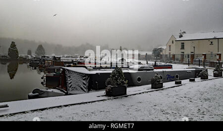 Crooke, Greater Manchester. 30. Januar 2019. Eine leichte Schneedecke fiel über North West England über Nacht zum 30.1.19. Die Boote in der Marina an der ehemaligen Bergbau Dorf Crooke in der Nähe von Wigan in Greater Manchester erhielt eine Decke; während der Kanal nicht morgens Einfrieren blieb neblig und trüb. Credit: Colin Wareing/Alamy Leben Nachrichten Cw 6582 Stockfoto