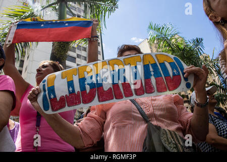 Caracas, Venezuela. 30 Jan, 2019. "Freiheit", heißt es auf der Fahne eines Demonstrators Protest gegen die Regierung von Präsident Maduro. Mitten in den Machtkampf zwischen der Regierung und der Opposition, die Demonstranten gegen die umstrittene Staatschef Maduro sind wieder auf den Straßen in Venezuela. Credit: Rayner Pena/dpa/Alamy leben Nachrichten Stockfoto